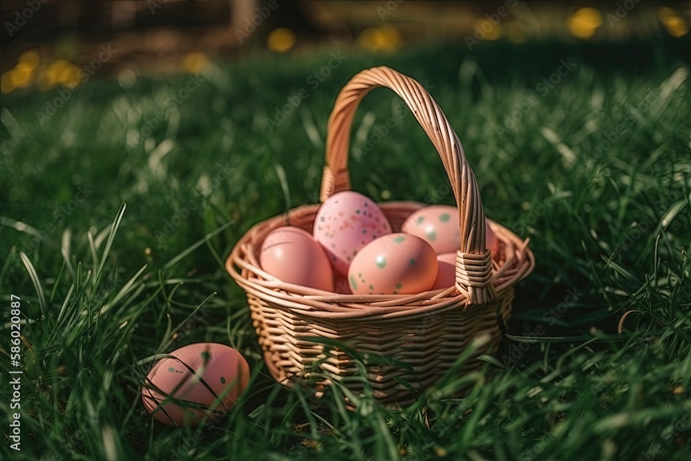 basket of fresh eggs on a green grassy field created with Generative AI technology basket of fresh eggs on a green grassy field created with Generative AI technology