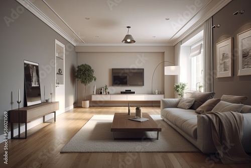 cozy living room with comfortable furniture and a large flat screen TV created with Generative AI technology