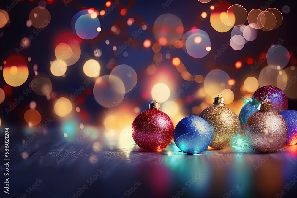 Fototapeta premium Illustration of colorful Christmas ornaments arranged on a table created with Generative AI technology