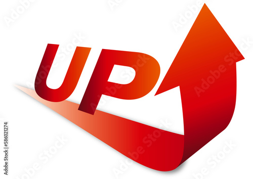 なめらかな曲線の赤い矢印。
スタイリッシュな「UP」の文字のアイコン。