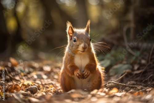 squirrel standing upright on its hind legs in a forest created with Generative AI technology