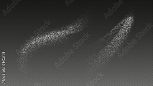Sugar powder splash, flying salt, baking flour top view. White powder isolated on a transparent background. Vector illustration.