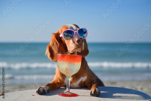 A dog wearing sunglasses and sits on a beach with a glass of margarita. Generative AI