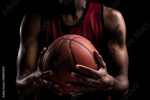 Basketball player holding a ball in front of a black background Generative AI © Tatiana