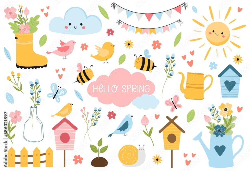 Hello Spring elements set. Hand drawn, cartoon style vector illustration