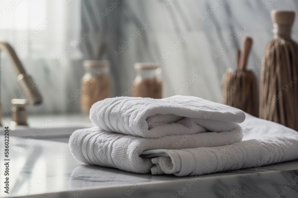Fototapeta premium Illustration of white towels neatly stacked on a bathroom countertop created with Generative AI technology