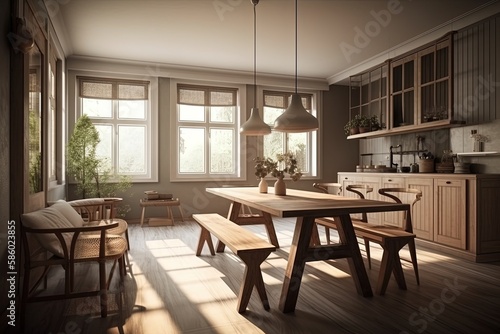 cozy kitchen with a wooden table, chairs, and a bench created with Generative AI technology © AkuAku