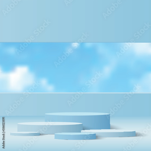 3d blue color podium and minimal blue sky scene. Vector