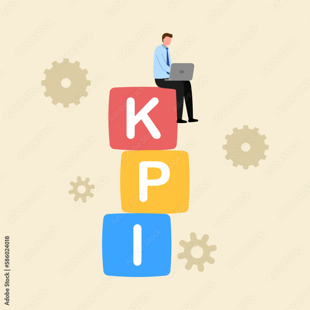 Company employee working with computer and sitting on kpi text in flat design. Key performance index concept vector illustration. Company employee working with computer and sitting on kpi text in flat design. Key performance index concept vector illustration.