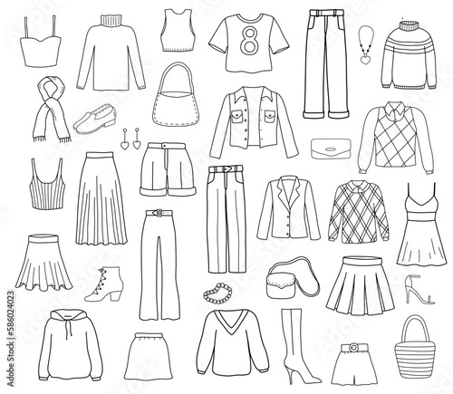Funny clothes doodle set. Line sketch of denim jacket, jeans, pants, t-shirt, shoes, skirt