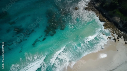 Drone view of Aerial view of the sea, A located slide of reef, surf, sea, shore, bay, river, and cliff. approach, Iguazu, crocodile, pipeline, and lagoon. generative ai