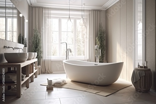 modern bathroom with a spacious white bathtub and double sinks created with Generative AI technology