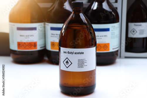 sec-Butyl acetate in glass,Hazardous chemicals and flammable symbols
