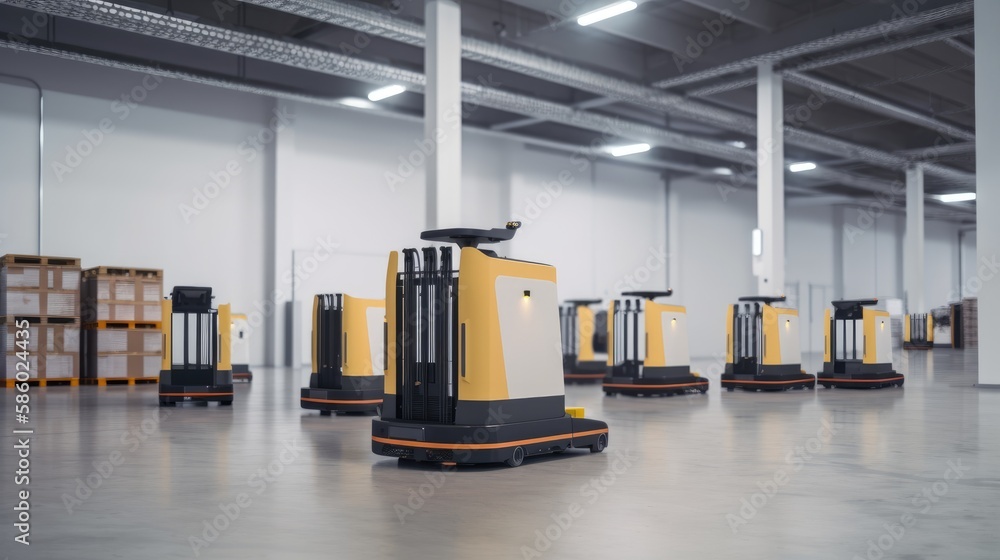 Modern forklifts moving items in a warehouse. Generative AI Modern forklifts moving items in a warehouse. Generative AI
