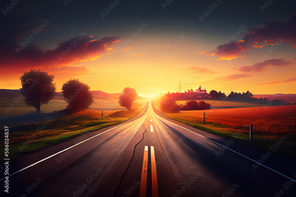 Beautiful sunset over an empty road in the countryside an empty asphalt. Generative Ai