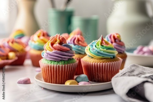 colorful plate of cupcakes with vibrant rainbow frosting created with Generative AI technology