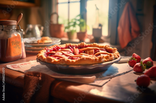 baked homemade strawberry pie, on rustic wooden table, kitchen background. AI generated. selective focus