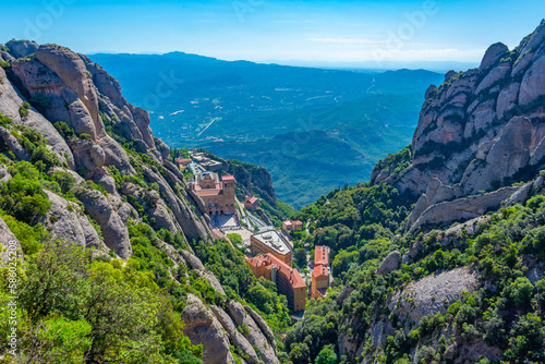 Photography Panorama view of Santa Maria de Montserrat abbey in Spain