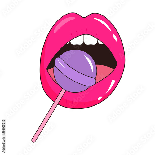 Sexy glossy half-opened mouth with lollipop in pop art style. Female lips licking sweet lollipop.
