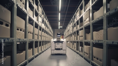 Autonomous Robot moving items in a modern warehouse. Generative AI