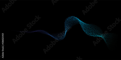 Abstract dots particles flowing wavy blue green light isolated on black background. Vector illustration design elements in concept of technology, energy, science, music.