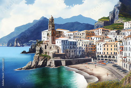 Morning view of Amalfi cityscape on coast line of mediterranean sea, Italy. Generative Ai