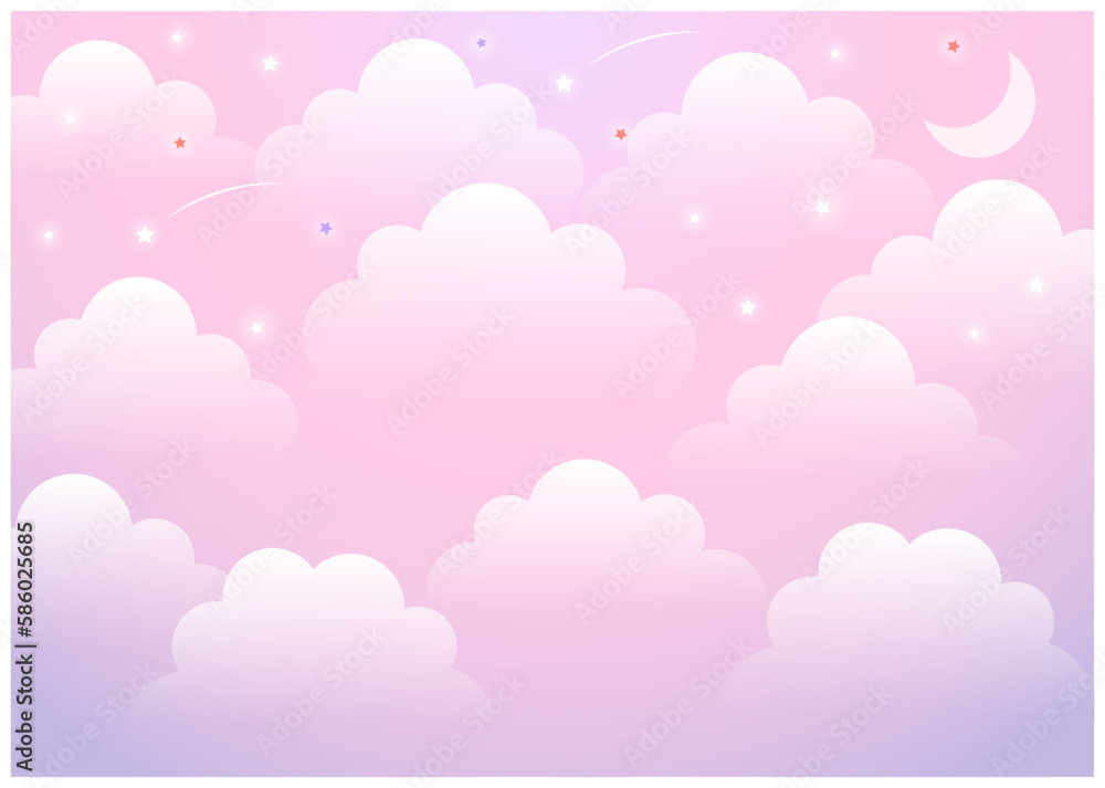 雲のある月夜のファンシー背景ヨコピンク