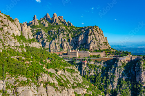 Panorama view of Santa Maria de Montserrat abbey in Spain