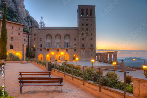 Sunrise over Santa Maria de Montserrat abbey in Spain