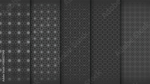 Set of vertical or horizontal banners with detailed ancient mosaic wall with floral and geometric ornament. Collection of backgrounds with traditional iranian tiles decoration