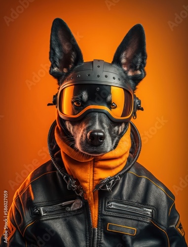 Portrait of bad dogs wearing jacket on orange background. Created Generative AI © CYBERUSS