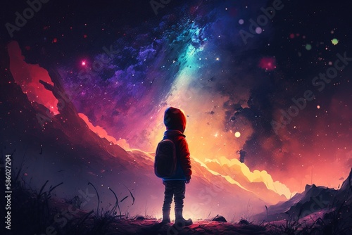 boy looking for a colorful galaxy in the sky. Generative Ai 