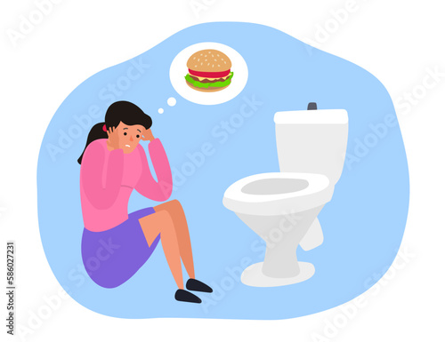 bulimia  disease woman sitting  next to  toilet bowl think about burger fast food vector illustration photo