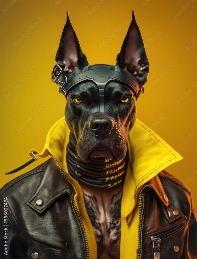 Portrait of bad dogs wearing jacket on yellow background. Created Generative AI Portrait of bad dogs wearing jacket on yellow background. Created Generative AI