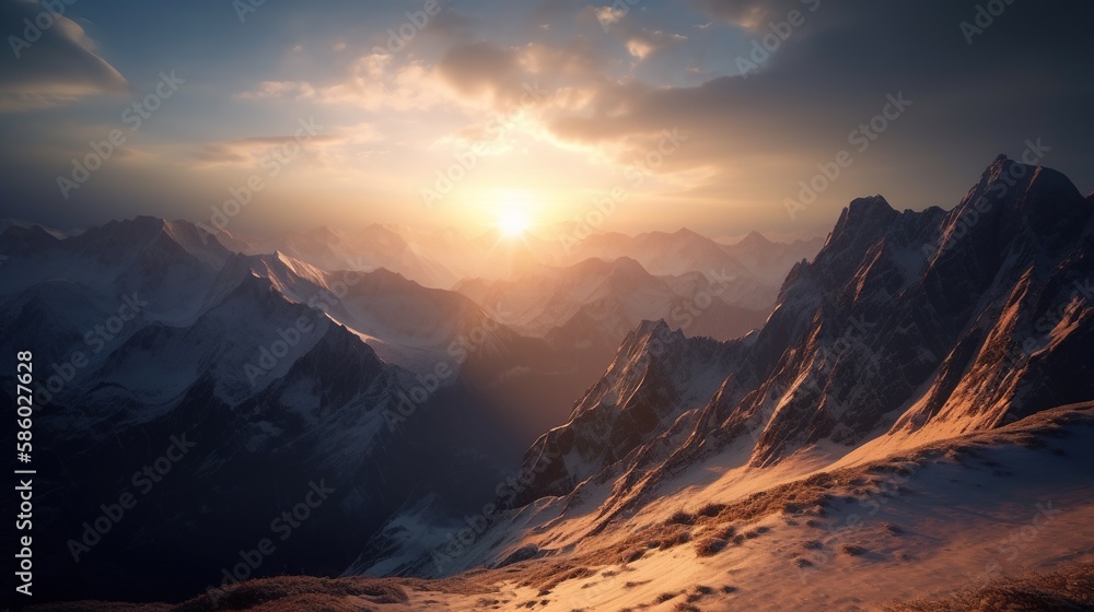 Obraz premium Sunset in the mountains. Sunrise in the mountains. Beautiful winter landscape,Mountain landscape at sunset. Panoramic view of the mountains.Generative Ai