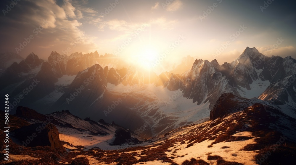 Sunset in the mountains. Sunrise in the mountains. Beautiful winter landscape,Mountain landscape at sunset. Panoramic view of the mountains.Generative Ai