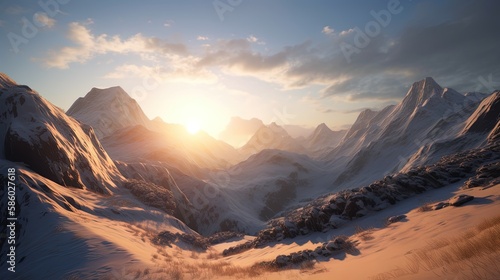 Sunset in the mountains. Sunrise in the mountains. Beautiful winter landscape,Mountain landscape at sunset. Panoramic view of the mountains.Generative Ai © Rudsaphon