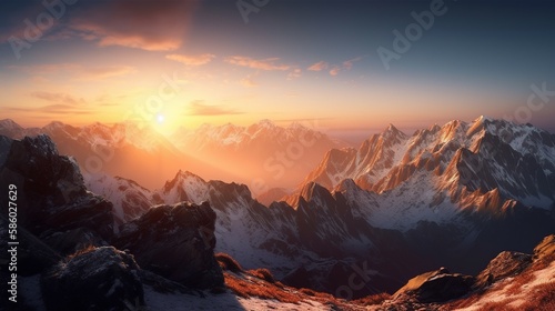 Sunset in the mountains. Sunrise in the mountains. Beautiful winter landscape,Mountain landscape at sunset. Panoramic view of the mountains.Generative Ai © Rudsaphon