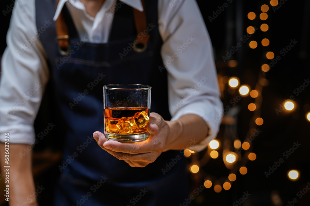 Bartender Serve Whiskey, on wood bar, Bartender Serve Whiskey, on wood bar,