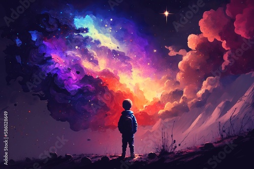 boy looking for a colorful galaxy in the sky. Generative Ai 