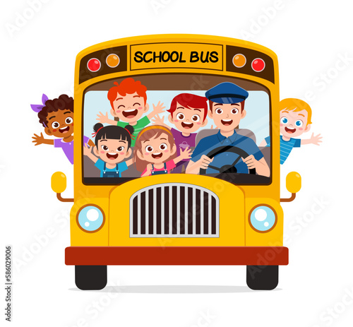 little kids boy and girl ride school bus and go to school