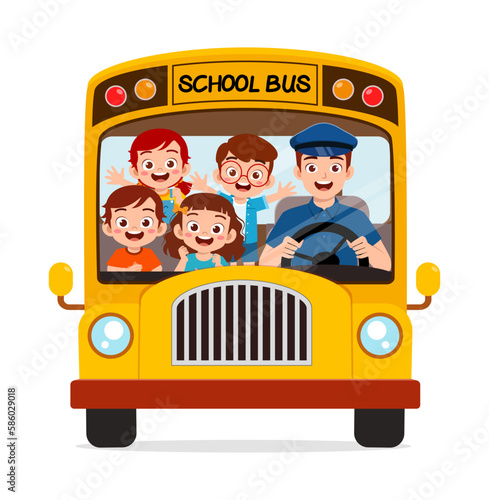 little kids boy and girl ride school bus and go to school
