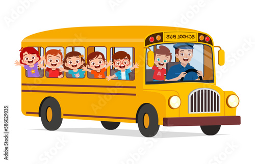 little kids boy and girl ride school bus and go to school