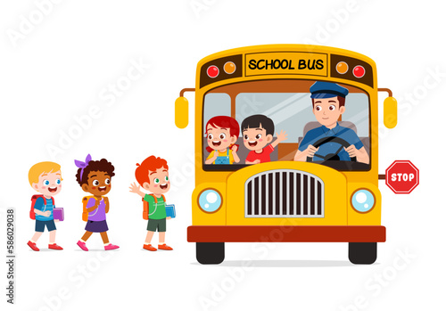 little kids boy and girl ride school bus and go to school