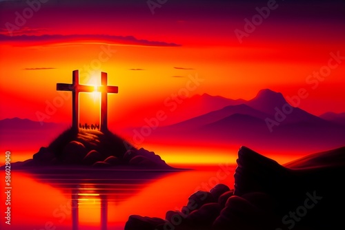 Rendering of "The Divine Sunset: Three Crosses and Jesus Christ". Generative AI. 