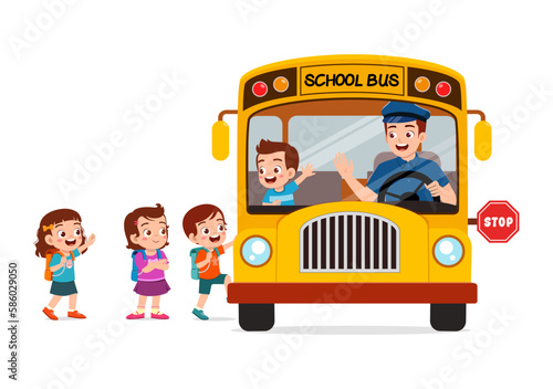 little kids boy and girl ride school bus and go to school