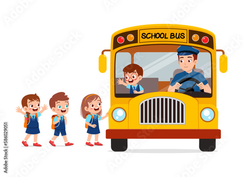 little kids boy and girl ride school bus and go to school