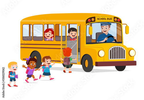 little kids boy and girl ride school bus and go to school
