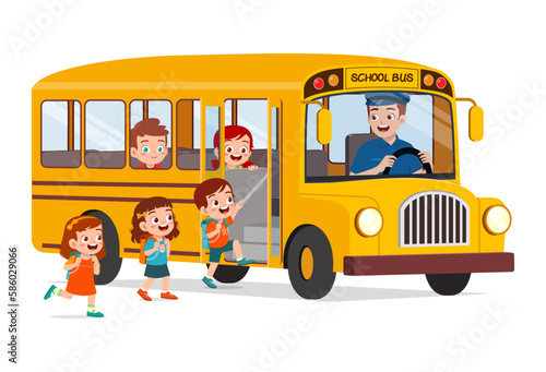 little kids boy and girl ride school bus and go to school