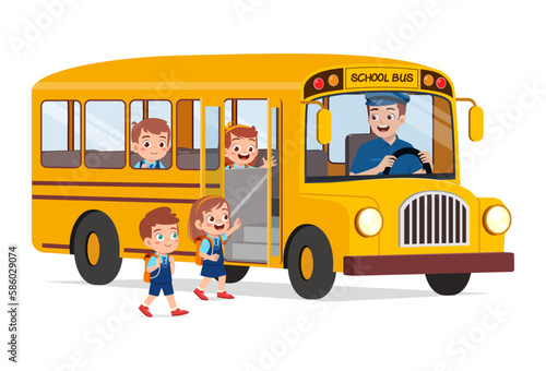 little kids boy and girl ride school bus and go to school